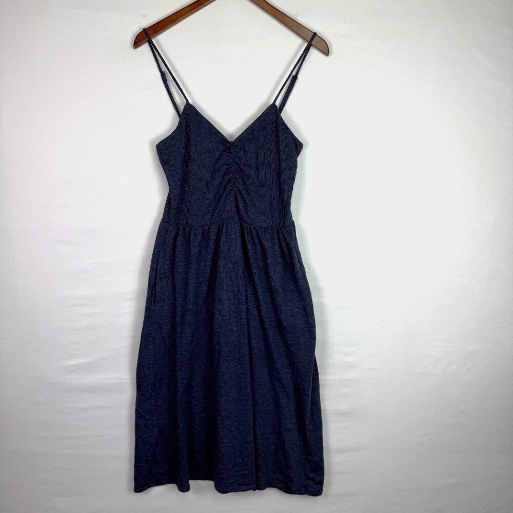 Chaser Ribbed Ruched Front Spaghetti Strap V Neck Midi Dress Navy Blue M
